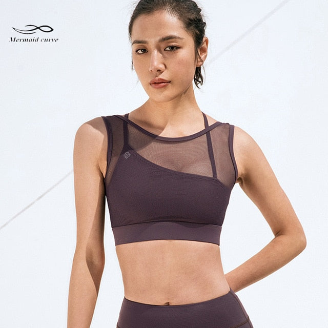 Mermaid Curve Breathable Mesh Sports Bra Summer New Fake Two Pieces Yoga Bra Vest Women Outdoor Running Shockproof Fitness Bra